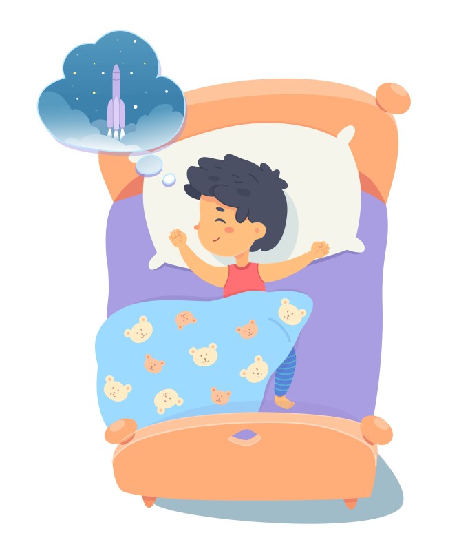 Drawing of child peacefull sleeping and dreaming of rockets